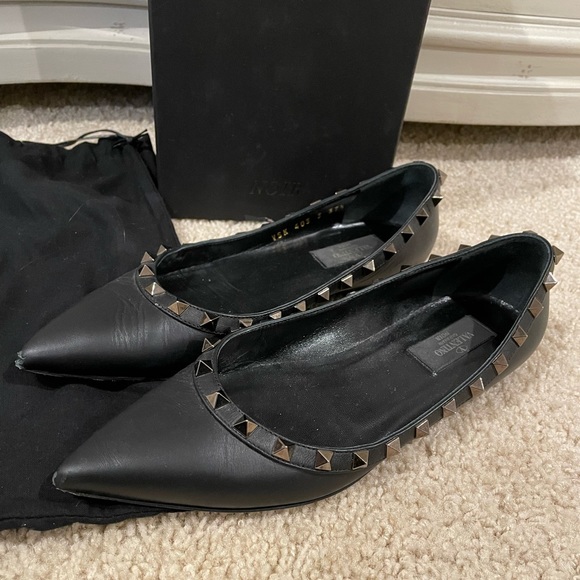 Valentino Noir Matte Black Gunmetal Rockstud Pointed Toe Flats Sz 37.5 - Picture 8 of 11